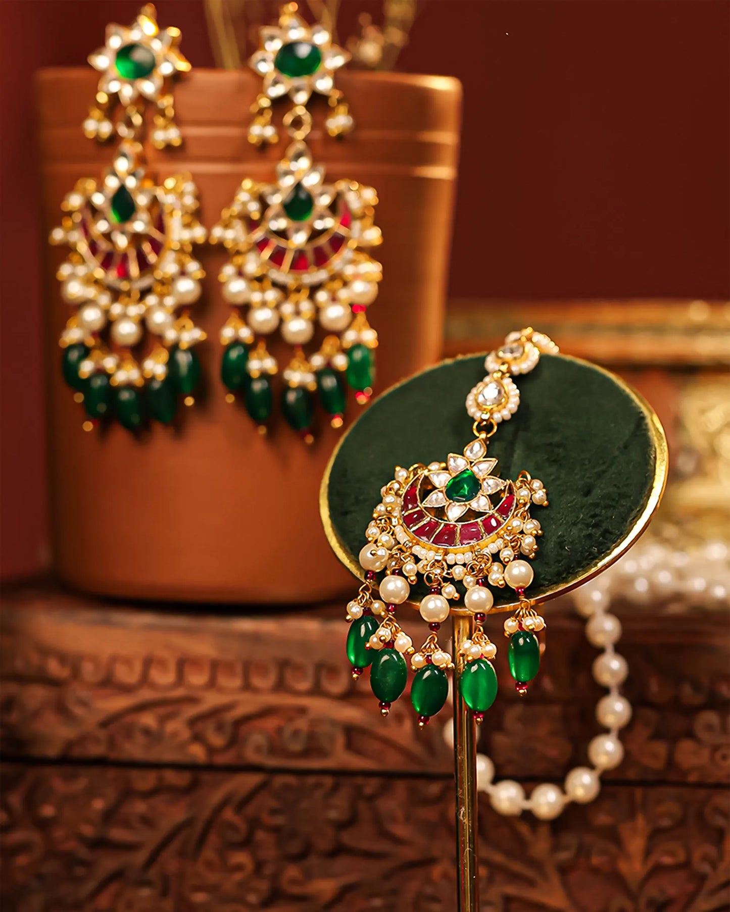 Kundan Choker Set, Green Bead Indian Bridal Handicrafts Fashion Jewelry