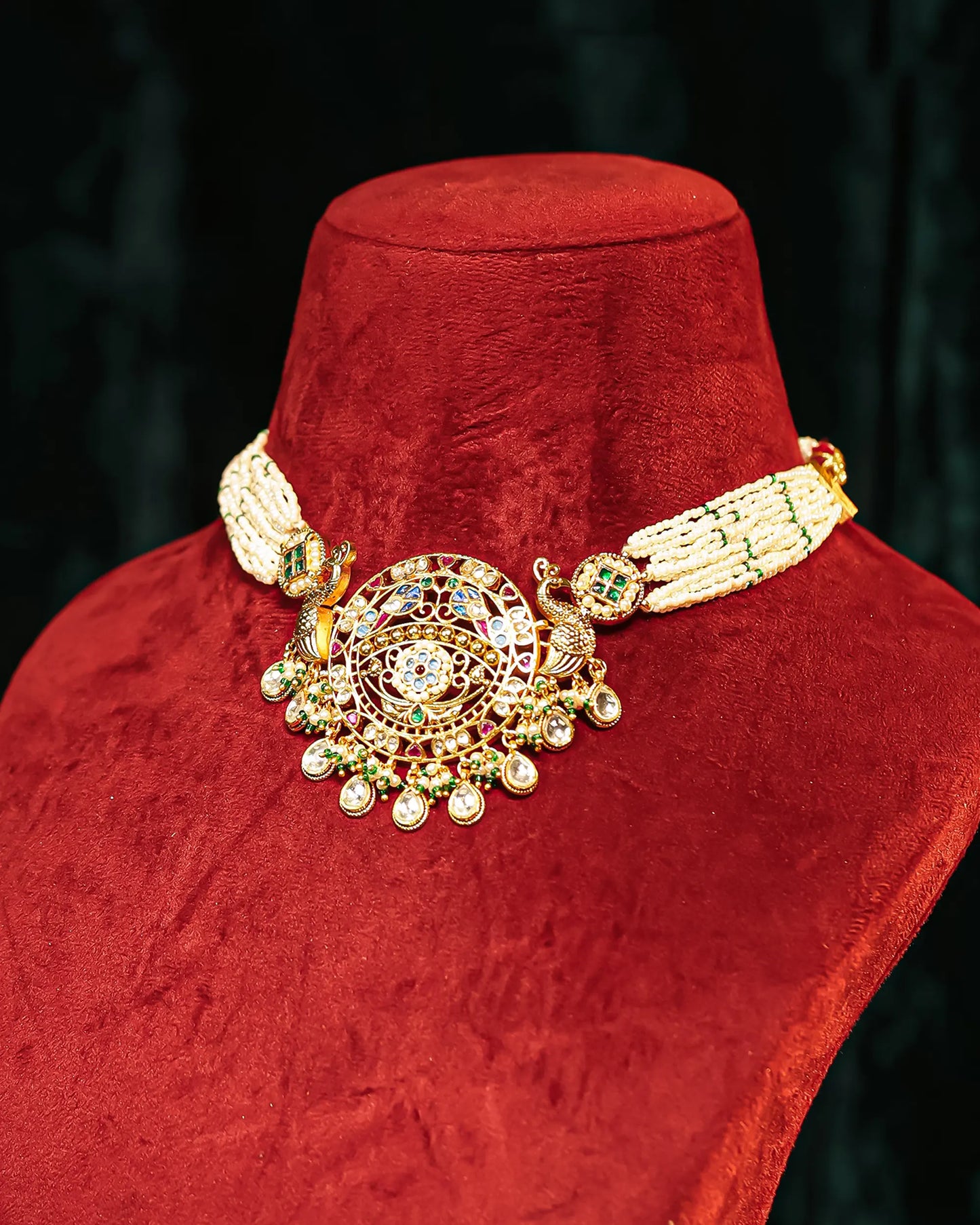 Multicolor Kundan Choker Set with Pearls, Indian Necklace & Earrings for Bride