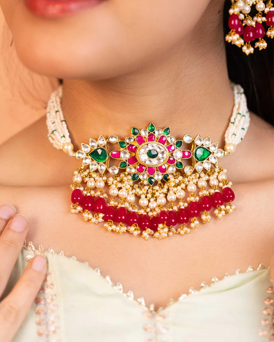 Bridal Red Kundan Choker Jewelry Set, Gold Plated Indian Earrings