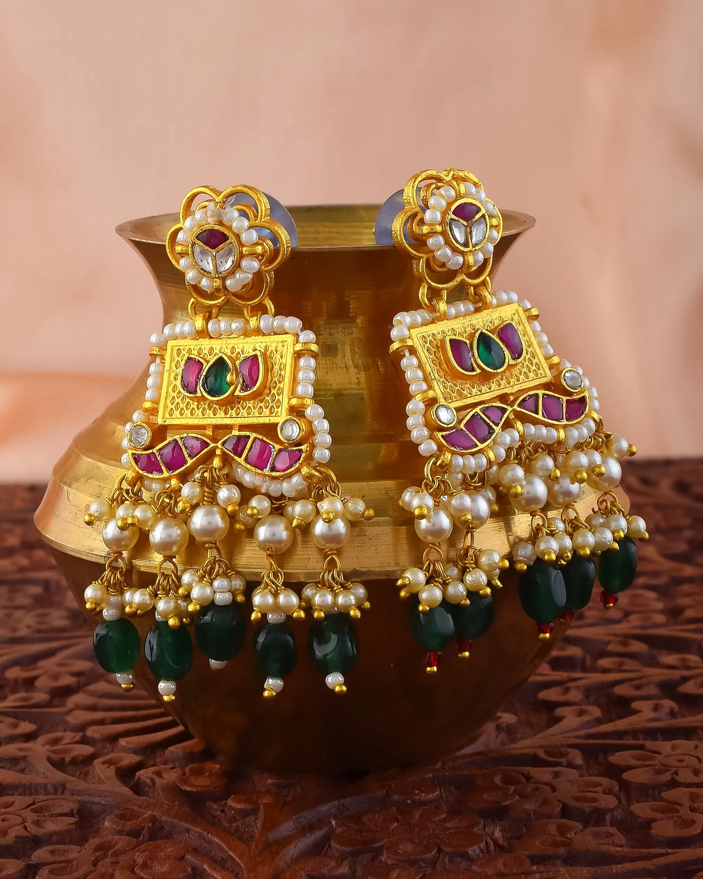 Kundan Lotus Necklace Set with Pearl Beads, 18K Gold-Plated Indian Jewelry
