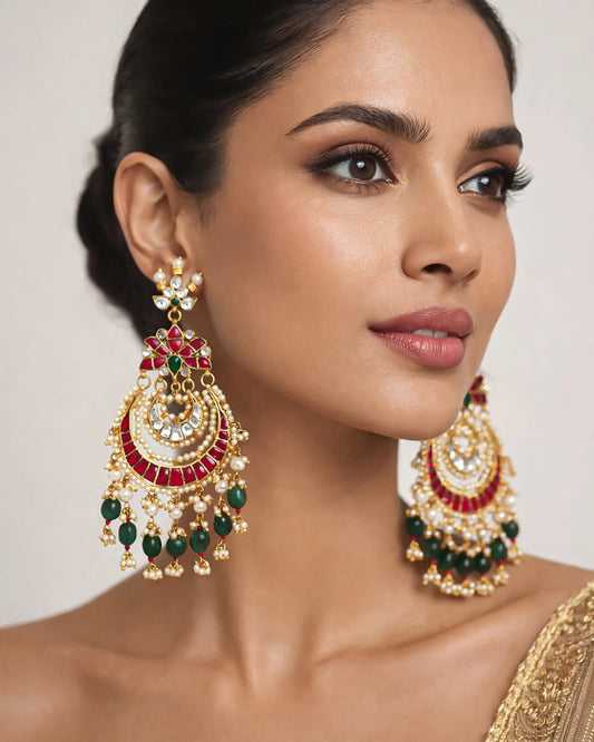 Jadau Chandbali Earrings, Gold Plated Polki, Pearl & Green and Pink Stone Drops Jewelry