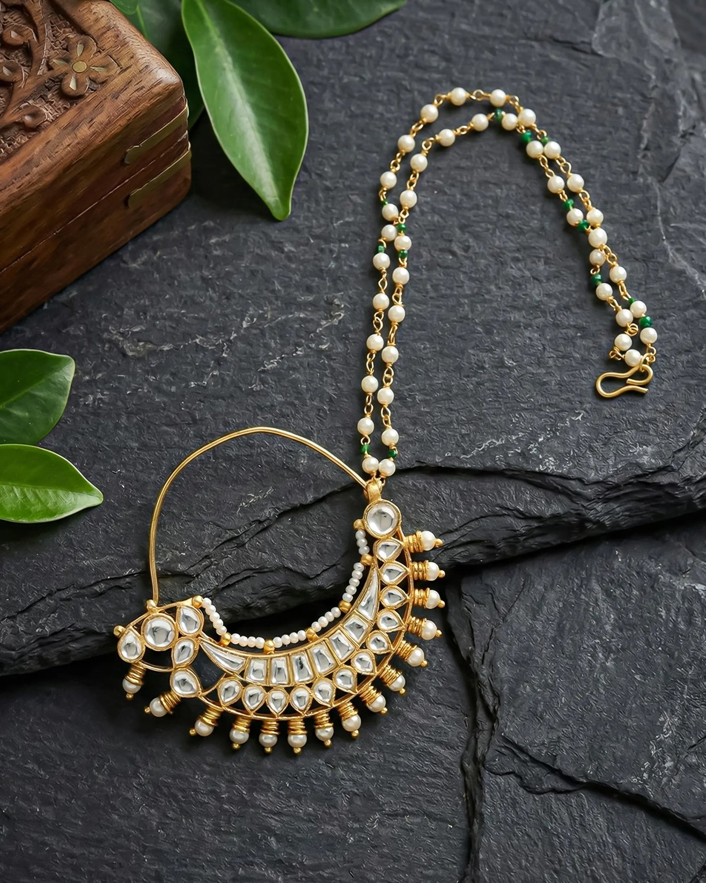 Kundan Pearl Bridal Nath – Gold Plated Crescent Nose Ring with Double Beaded Chain
