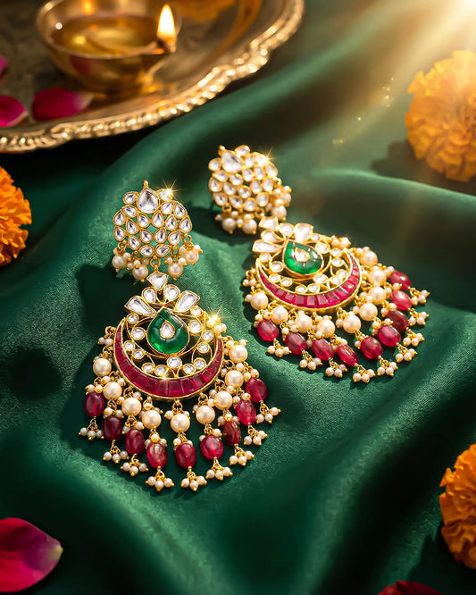 18K Gold Plated Jadau Chandbali Earrings, Pearl Indian Bridal Jewelry