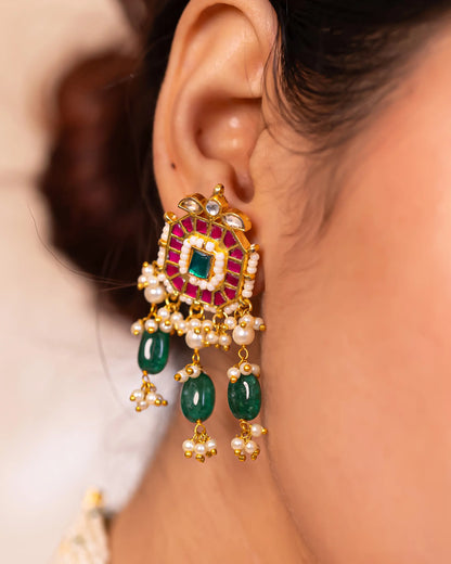Gold Plated Kundan Choker Set – Green Pink Beaded Bridal Jewelry