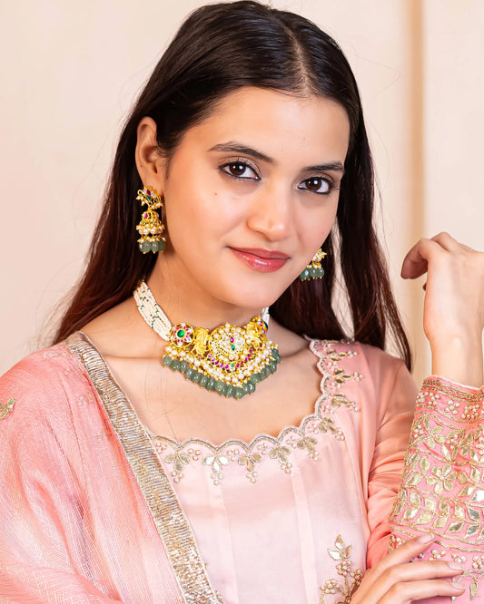 Kundan Stone Choker Necklace Set with Pearl Beads, Indian Handmade Bridal Jewelry