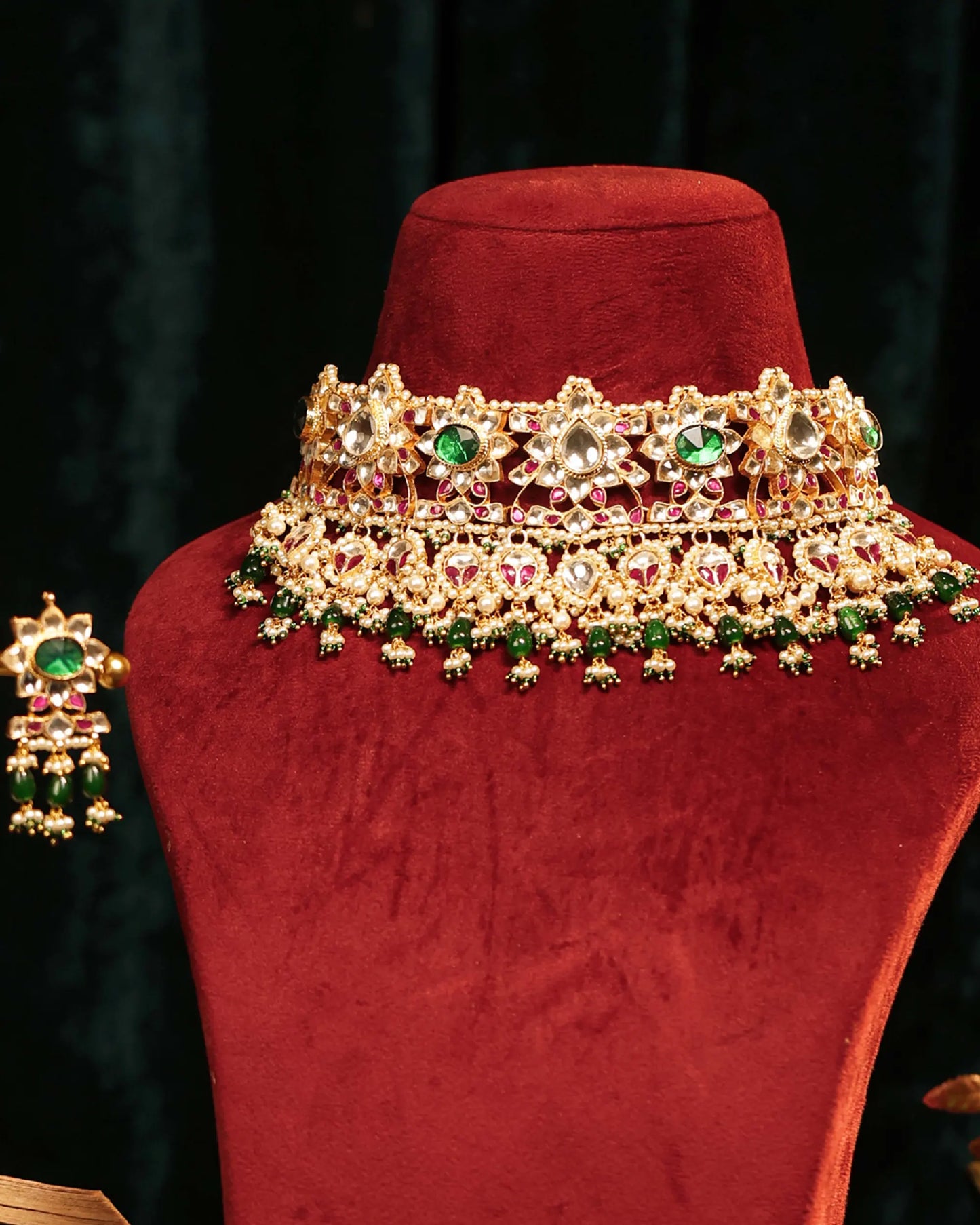 Designer Sparkling Kundan Choker Set – Green Bead Necklace with Floral Earrings