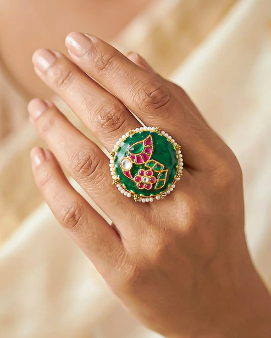 Green Meenakari Kundan Ring with Pearl Border, Antique Gold Adjustable Statement Ring Jewelry
