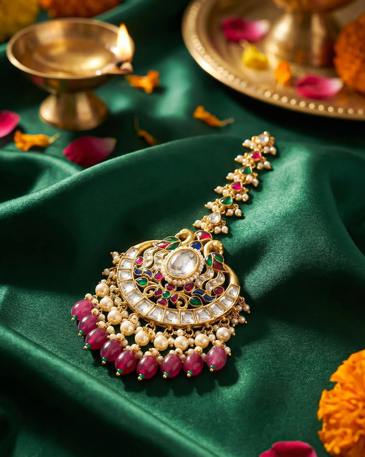 Peacock Kundan Maang Tikka, Gold Plated Bridal Matha Patti, Pearl Indian Headpiece