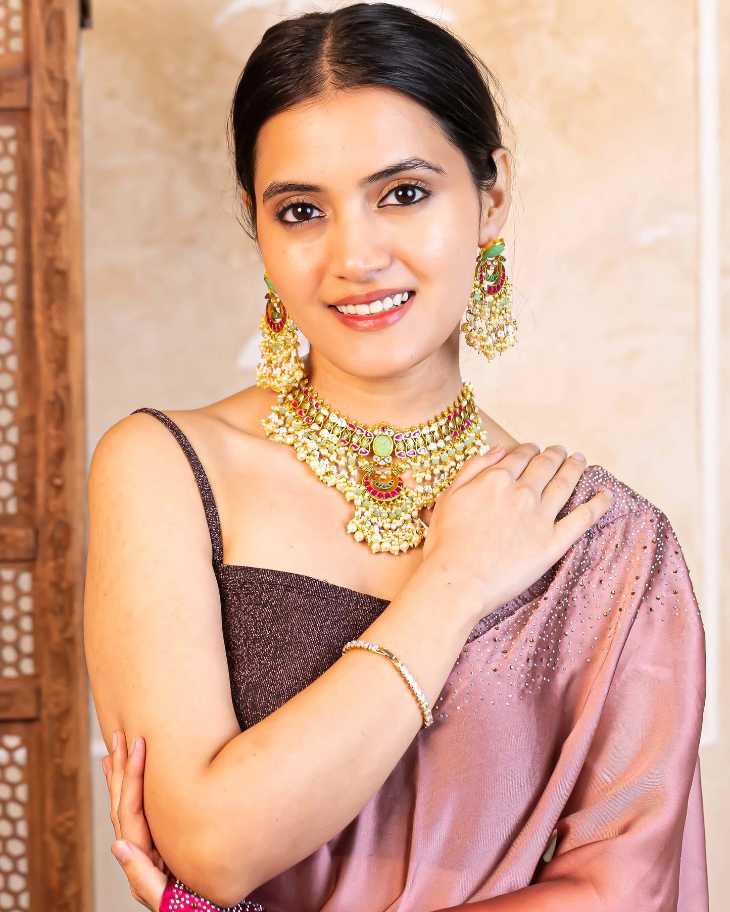 Designer Green Kundan Choker Set for Women, Heavy Bridal Wedding Necklace Jewelry