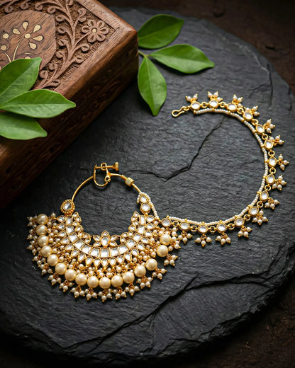 Kundan Pearl Bridal Nath, 18k Gold Plated Wedding Nose Ring with Chain