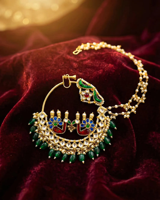 Peacock Kundan Bridal Nath, Gold Plated Wedding Nose Ring, Green Beads, Chain