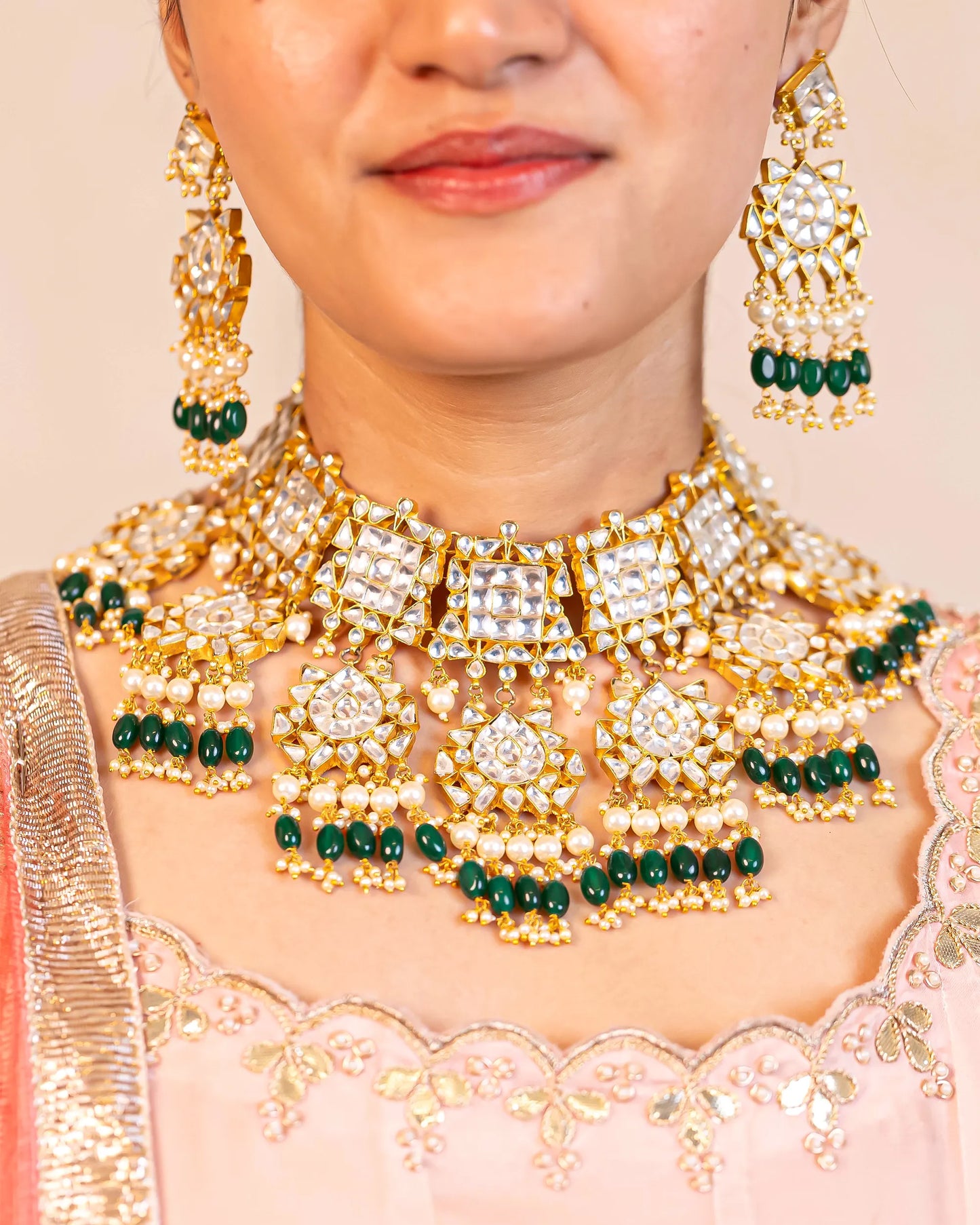 Pearl Kundan Choker Set, Green Bead Fringe Indian Bridal Necklace with Earrings