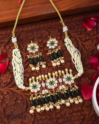 Floral Kundan Choker Necklace Set, Green Pearl Drop Earrings, Indian Jewelry