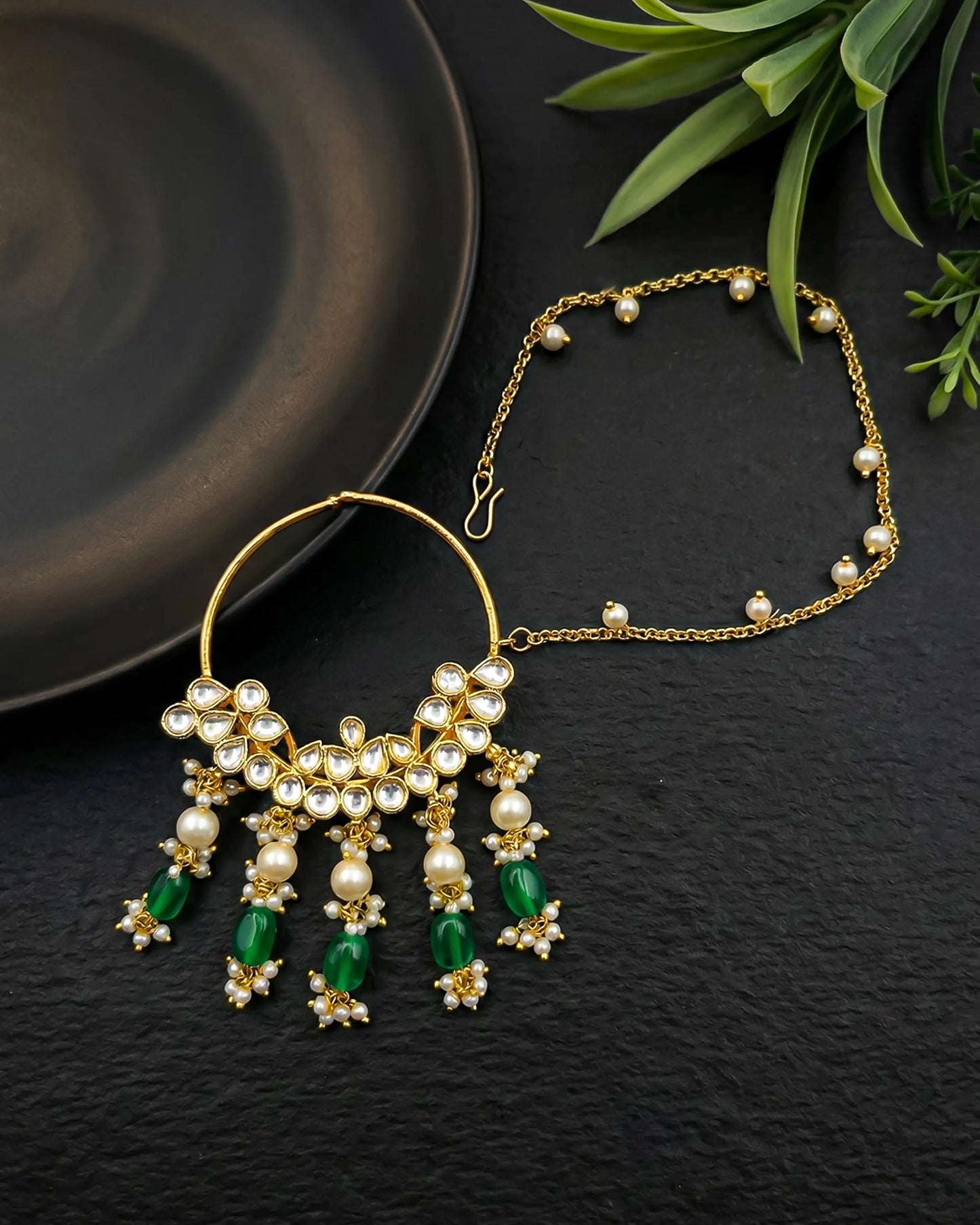Kundan Bridal Nath – Gold Plated Wedding Nose Ring with Pearl, Green Bead Drops