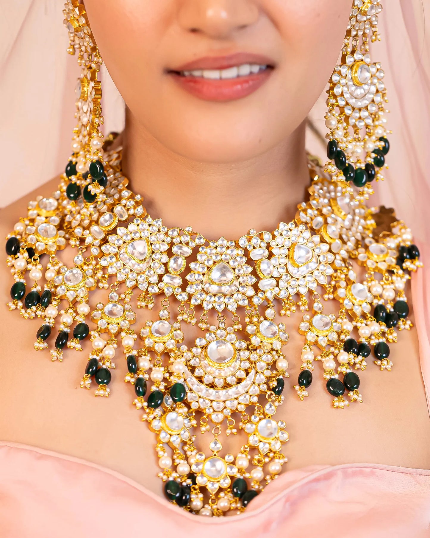 Kundan Polki Bridal Necklace Set – Gold-Plated Indian Wedding Jewelry