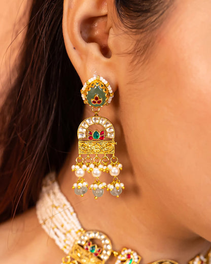 Green Pearl Kundan Choker Set, Indian Bridal Necklace with Beads Earrings