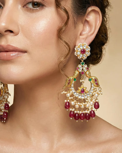 18K Gold Plated Jadau Peacock Chandbali Earrings