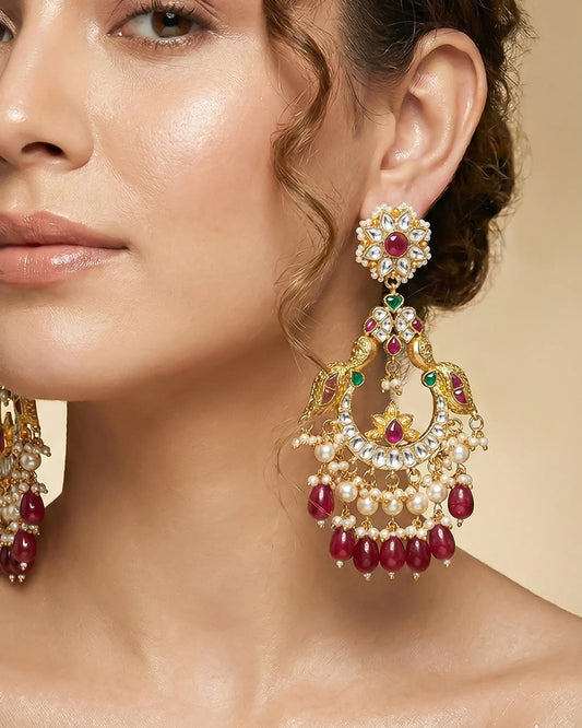 Traditional Jadau Peacock Chandbali Earrings, 18K Gold Plated Ethnic Pearls Beads