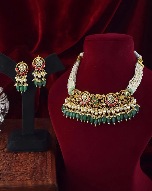 Kundan Pearl Choker Necklace Set with Green Beads – Traditional Indian Bridal Wedding Jewelry