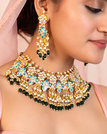 Aqua Blue Kundan Choker Necklace Set, Pearl Beads and Earrings Jewelry
