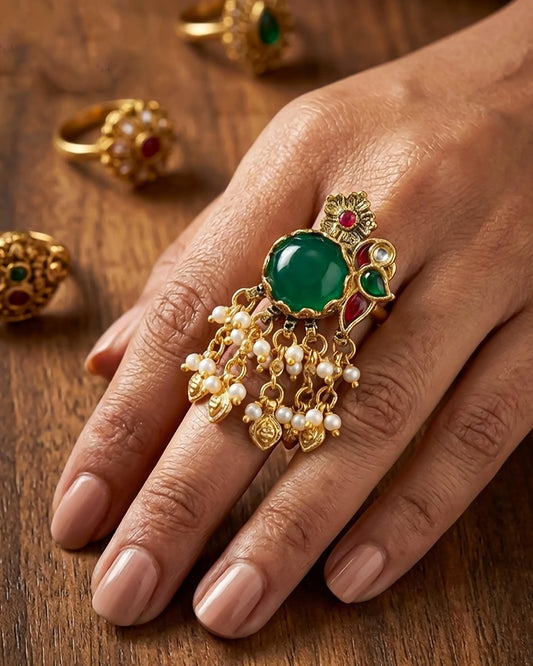 Green Kundan Jhumki Ring with Pearls, 18k Gold Plated Adjustable Statement Ring