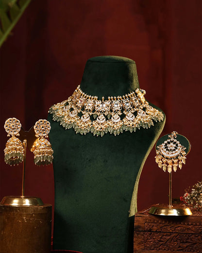 Gold Plated Kundan Bridal Choker Set with Pearl Drop Earrings and Maang Tikka Jewelry