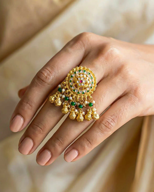 18k Gold Plated Kundan Statement Ring Green Pearl Bridal Adjustable Ring Jewelry