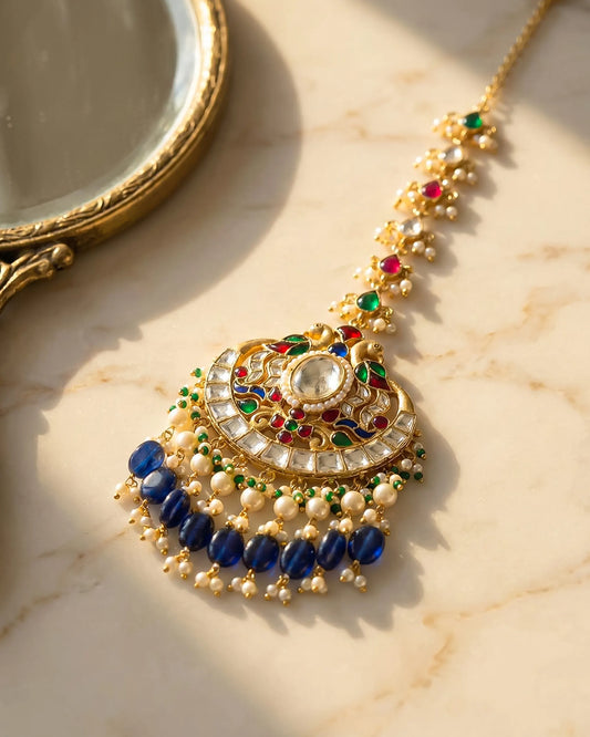 Royal Peacock Kundan Maang Tikka with Blue Bead Drops – Traditional Indian Bridal Head Jewelry