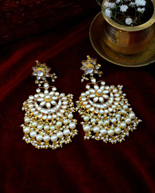 Gold Plated Kundan Chandbali Earrings, Floral Jadau Pearl Drops Jewelry
