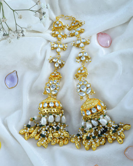 Gold Plated Pearl Jadau Jhumka Earrings, Kundan Polki Pearl & Green Beads Jewelry