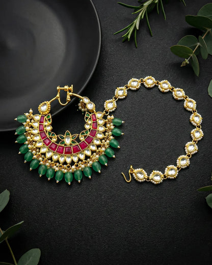 Meenakari Kundan Bridal Nath with Green Beads, Red Stone, 18k Gold Plated