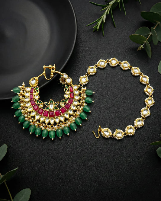 Meenakari Kundan Bridal Nath with Green Beads, Red Stone, 18k Gold Plated