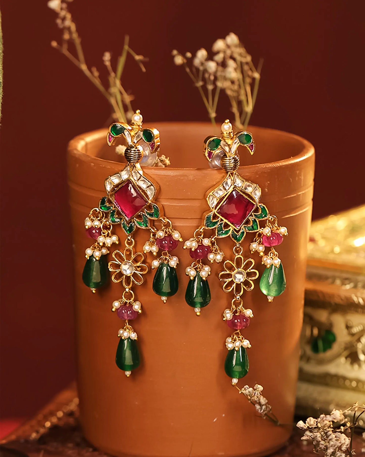 Handicraft Kundan Pearl Choker Set Jewelry, Green & Pink Bead Necklace Earrings