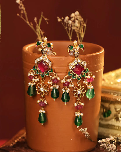 Handicraft Kundan Pearl Choker Set Jewelry, Green & Pink Bead Necklace Earrings