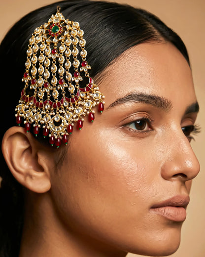 Handmade Kundan Pasa Jhoomar – Gold Plated Bridal Headpiece with Red Pearls