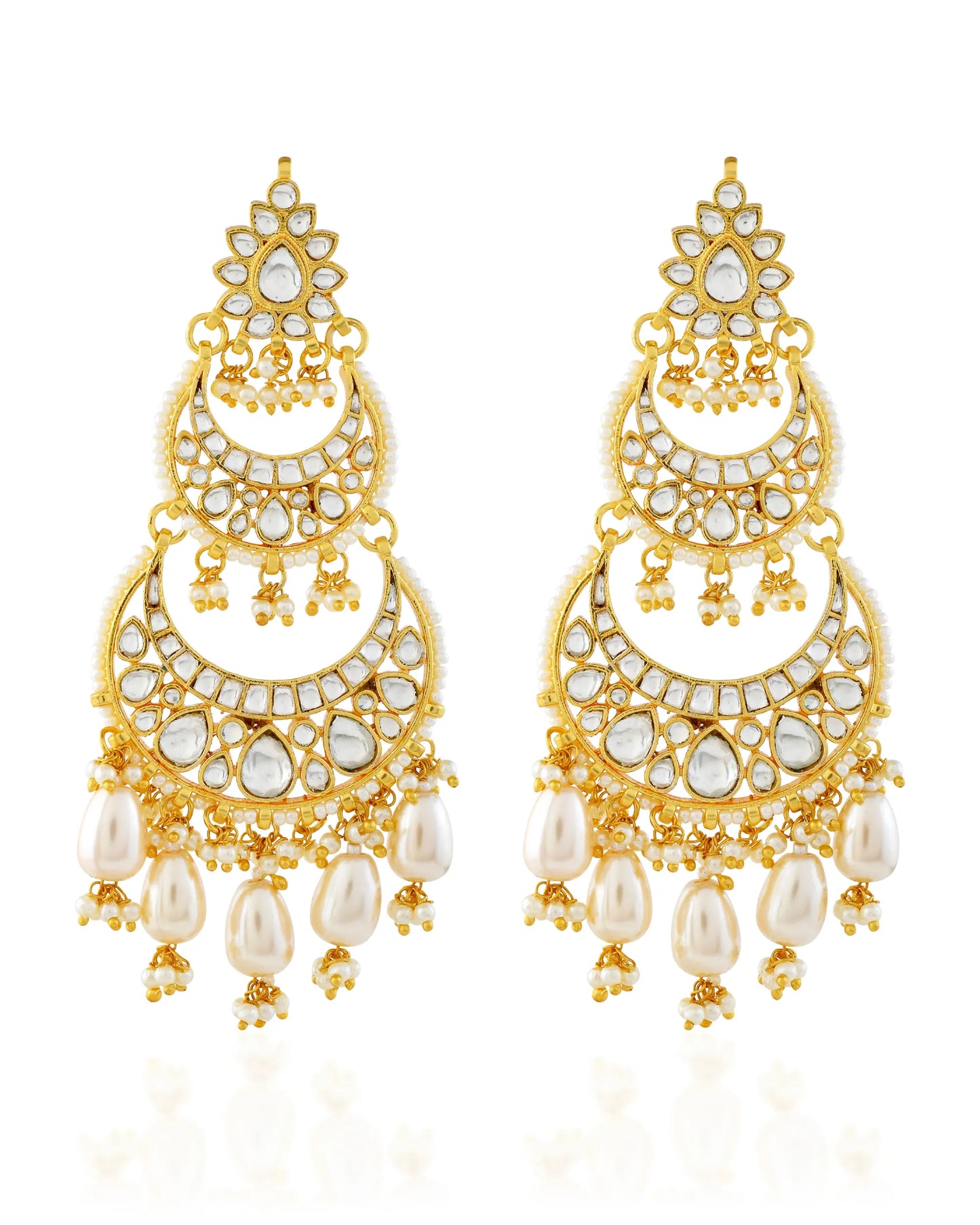 Jadau Chandbali Earrings, Polki Pearl Drop Gold Plated Jewelry
