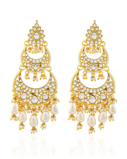Jadau Chandbali Earrings, Polki Pearl Drop Gold Plated Jewelry