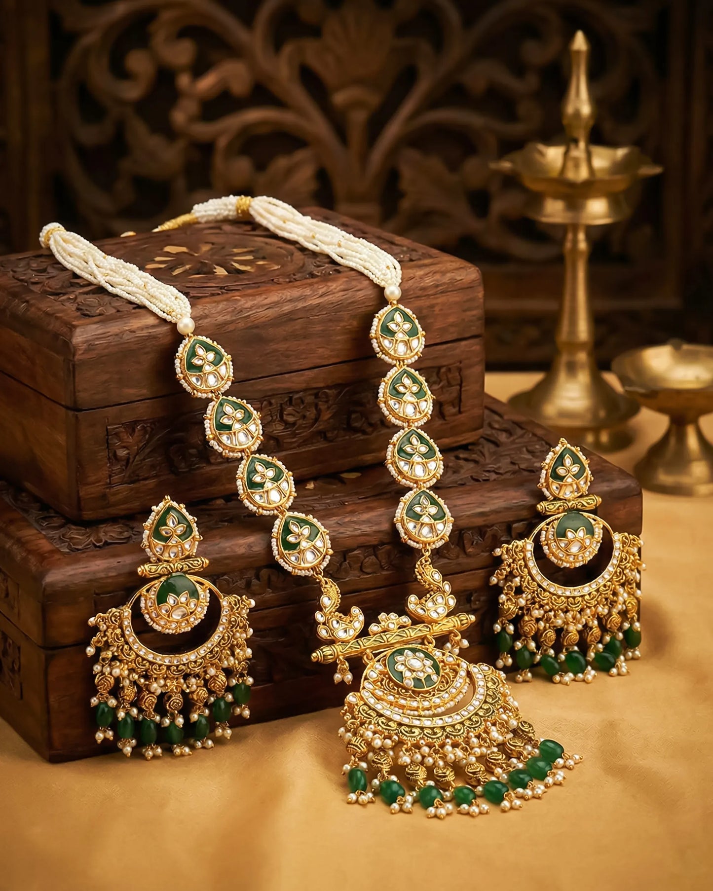 Handmade Kundan Bridal Necklace Set, Green Pearl Gold Statement Wedding Jewelry