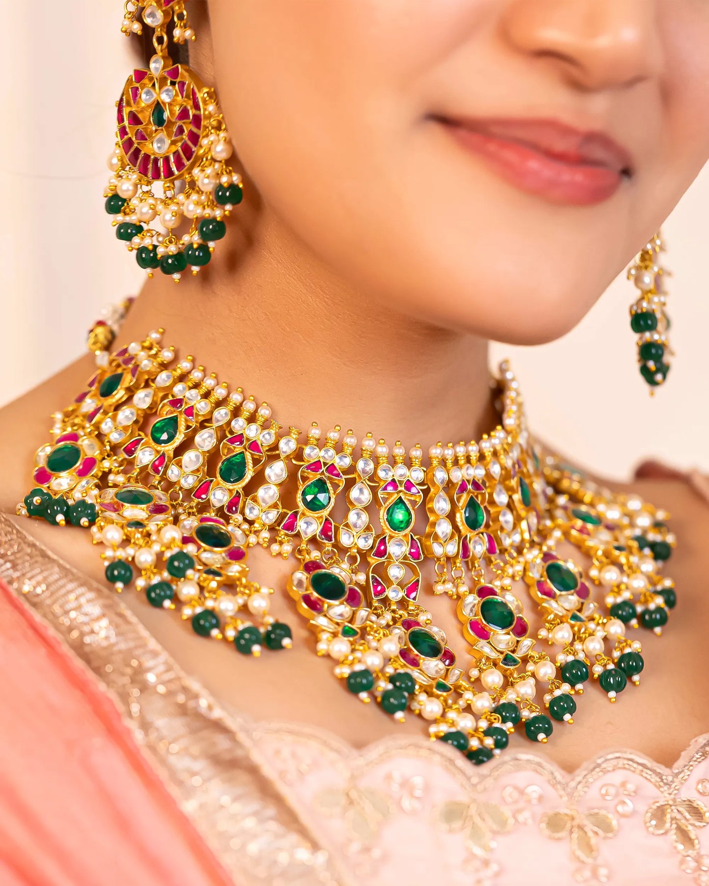 Kundan Choker Necklace Set Indian Bridal Jewelry with Green Beads