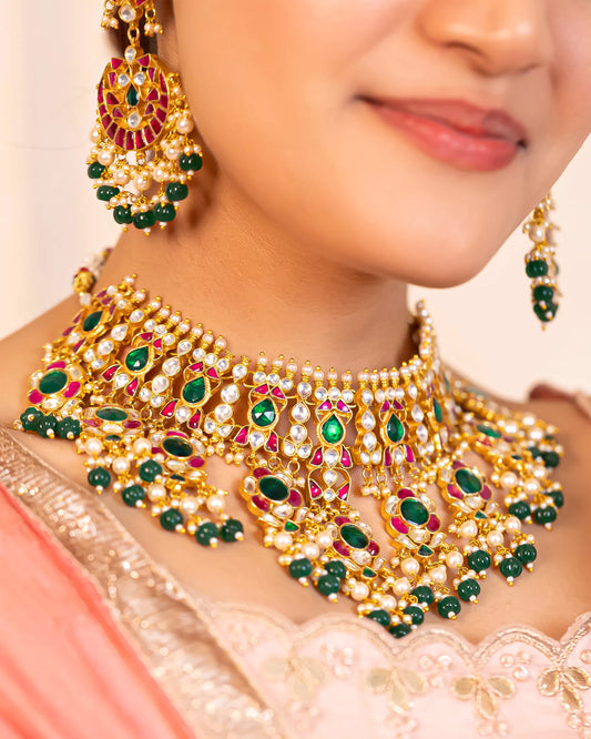 Kundan Choker Necklace Set Indian Bridal Jewelry with Green Beads