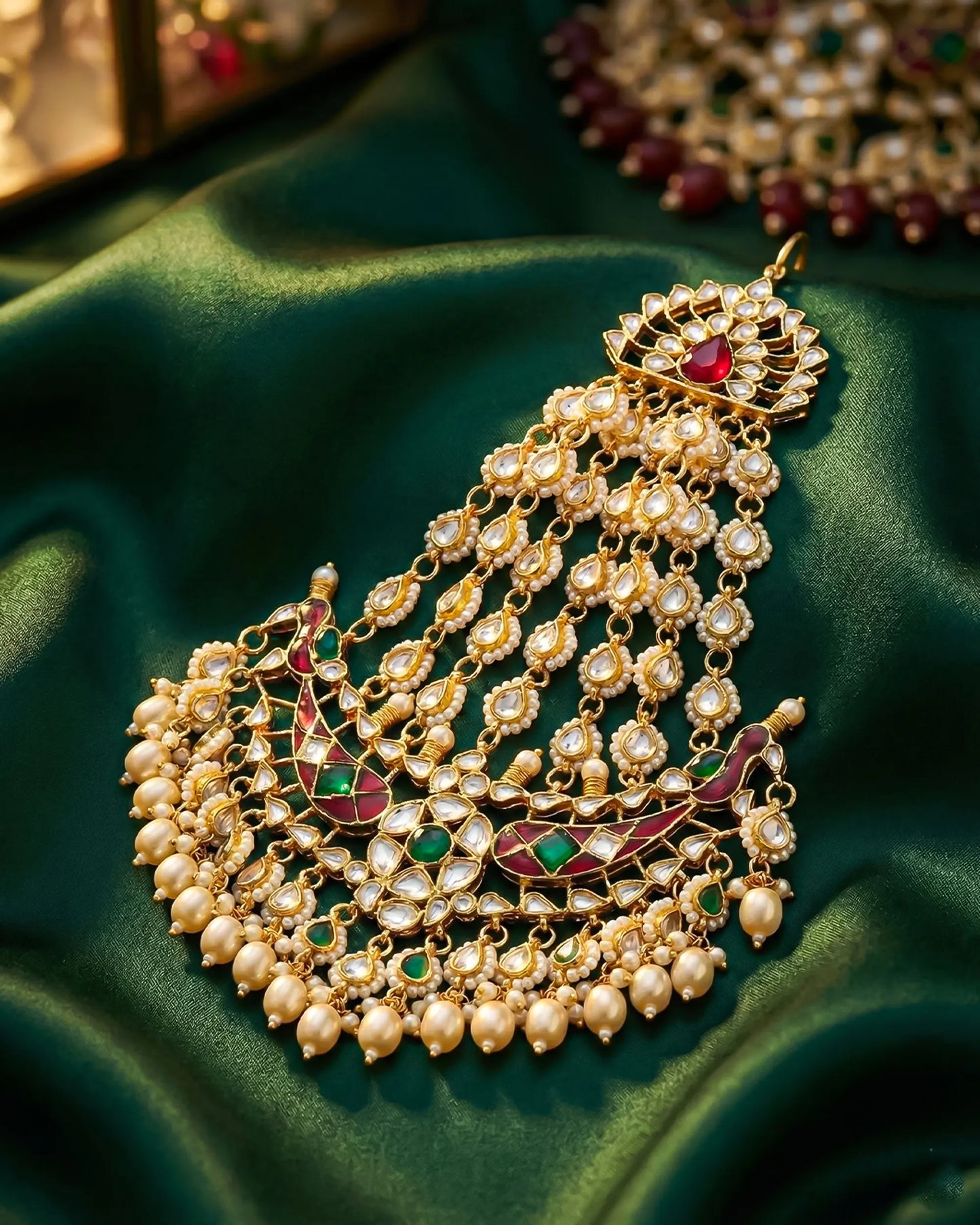 Royal Peacock Kundan Passa Jewelry – Red and Green Stone Bridal Side Headpiece