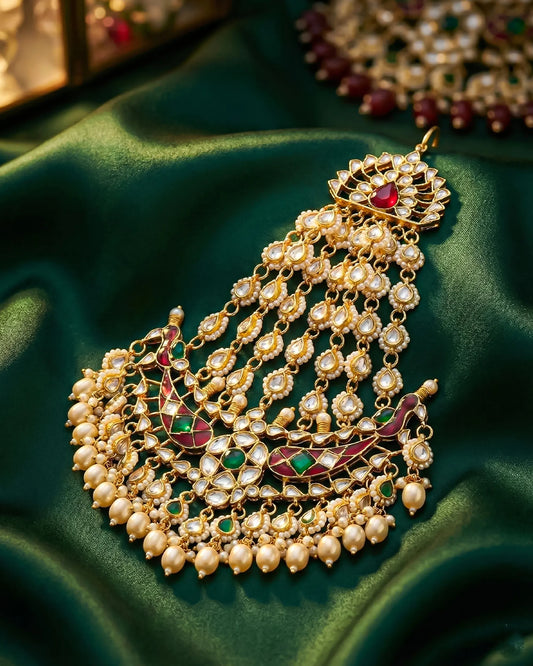 Royal Peacock Kundan Passa Jewelry – Red and Green Stone Bridal Side Headpiece