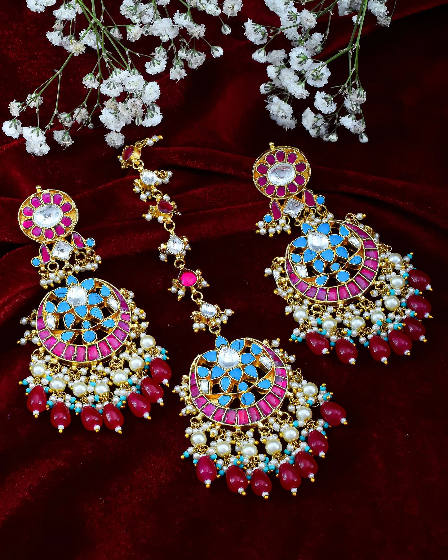Gold-Plated Kundan Chandbali Earrings with Maang Tikka, Pearl Drop Indian Jewelry