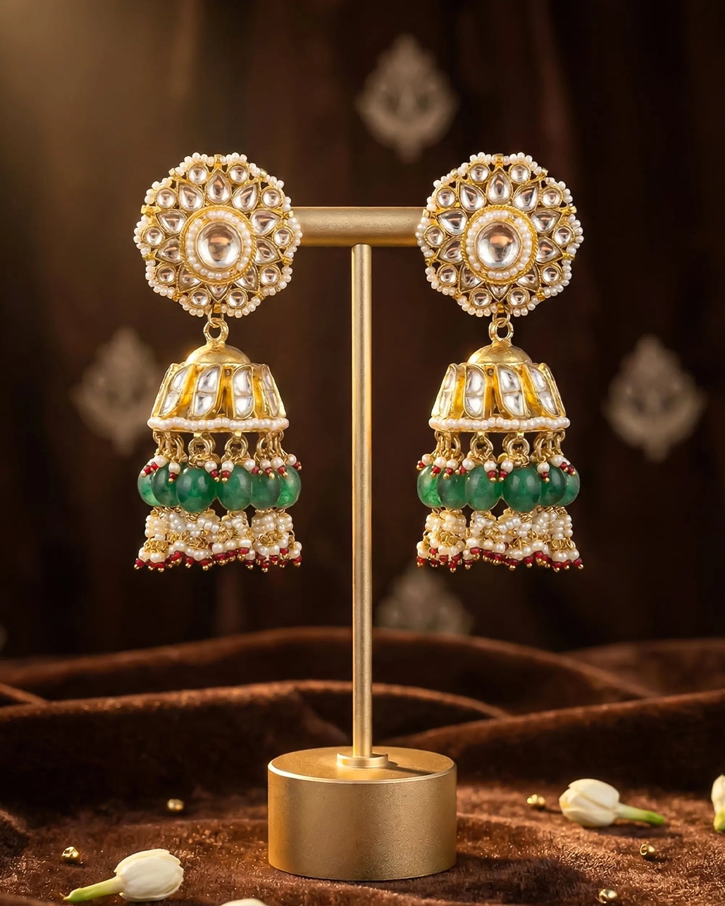 18K Gold Plated Jadau Jhumka Earrings – Polki Stone, Green Beads