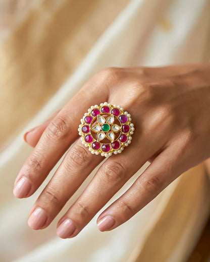 Multicolor Kundan Statement Ring 18k Gold Plated Pink Green Pearl Adjustable Jewelry