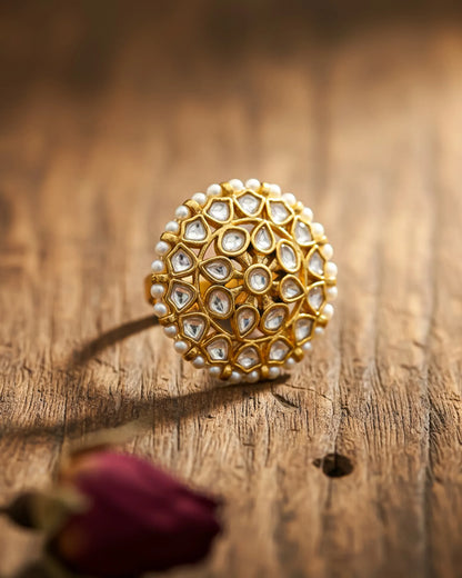18k Gold Plated Kundan Statement Ring Pearl Floral Adjustable Cocktail Ring Jewelry