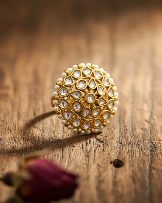 18k Gold Plated Kundan Statement Ring Pearl Floral Adjustable Cocktail Ring Jewelry