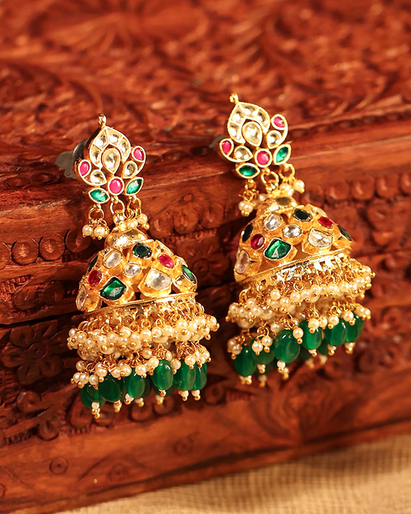 Gold Plated Kundan Choker Necklace Set with Tikka, Pink Green Beads Bridal Jewelry