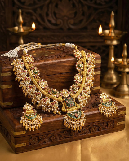 Indian Bridal Necklace Set, Gold Tone Kundan Meenakari Jewelry, Wedding Statement Piece