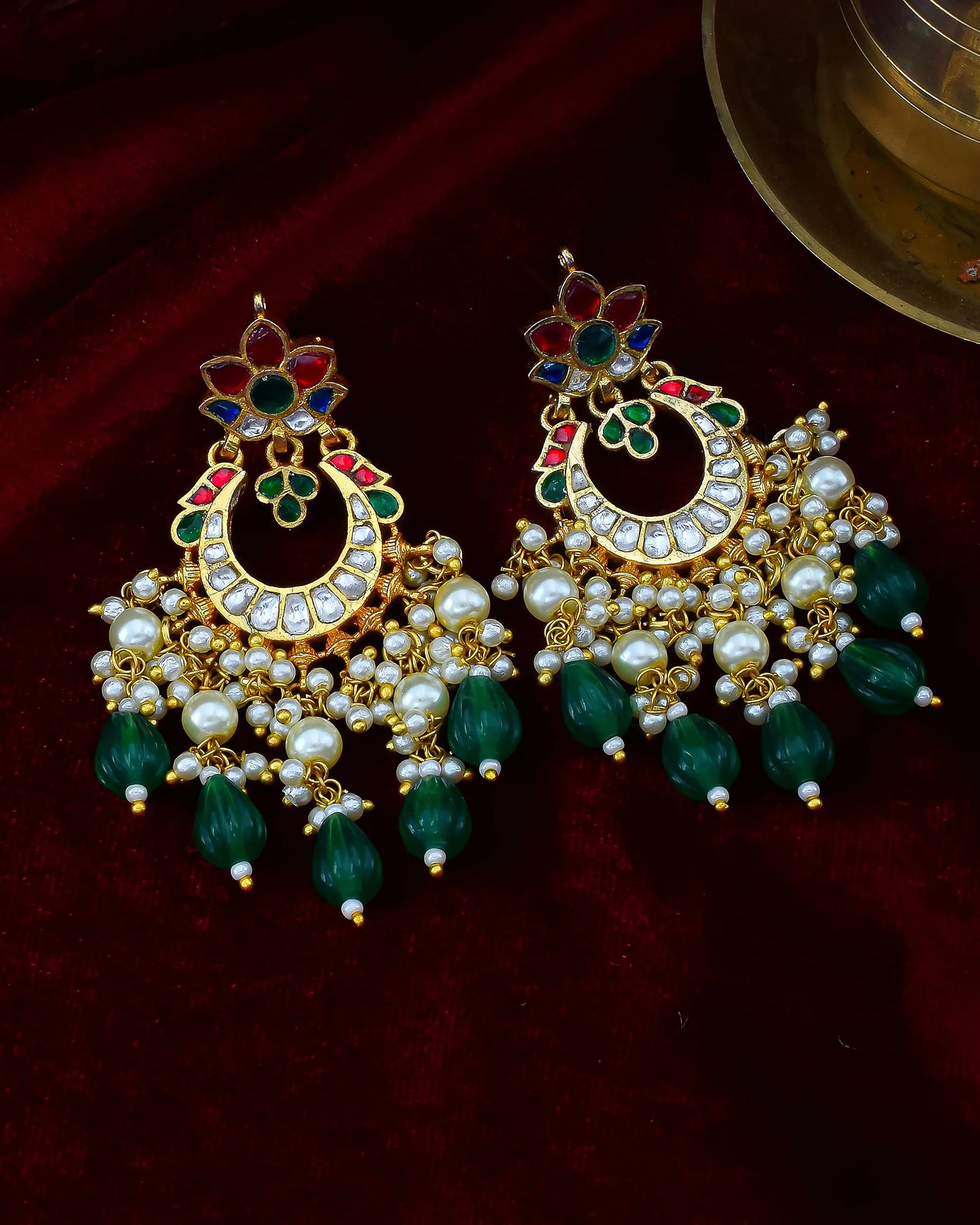 Handmade Jadau Chandbali Earrings, 18K Gold Plated Polki Green Beads Jewelry